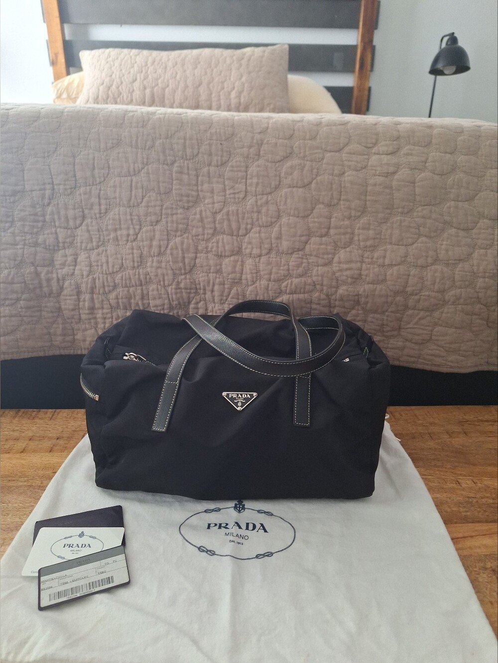 Prada Black Nylon Duffel Bag with Leather Handles